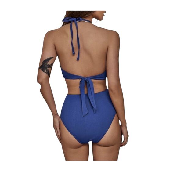 MONOBIKINI SWIMSUIT SZ S Women’s Sexy Criss Cross Ribbed Cut Out Blue - Picture 4 of 8